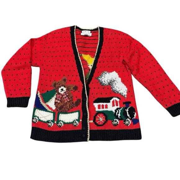 VTG 90s Talbots Womens Large Christmas Toy Train Hand Knit Red Cardigan Sweater - Picture 4 of 12